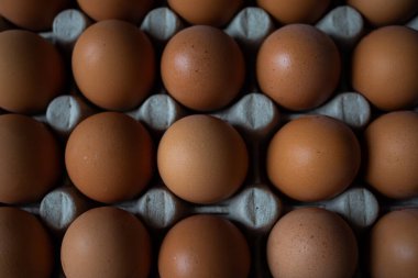 Kağıt tepside kahverengi tavuk yumurtası yakın.