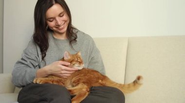 Tatlı kızıl kediyi okşayan ve gülümseyen bir kız.