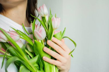 Pembe laleler genç bir kadının ellerinde. Kopya alanı ile yakın çekim yapın.