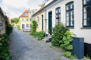 Danimarka 'nın Dragor kasabasında küçük geleneksel evleri olan bir sokak.