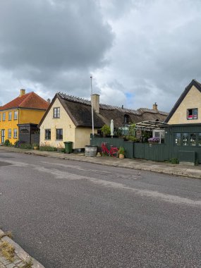 Danimarka 'nın Dragor kasabasında küçük geleneksel evleri olan bir sokak.