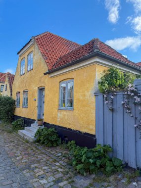 Danimarka 'nın Dragor kasabasında küçük sarı geleneksel evleri olan şirin bir cadde.