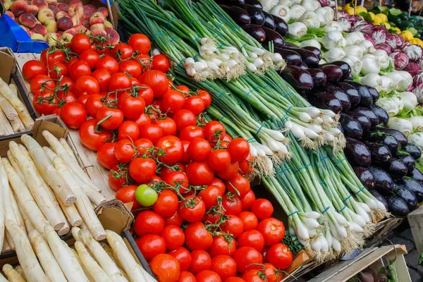 İyi organize edilmiş ve gıda pazarında sunulan farklı sebzeler. Domates, soğan, patlıcan ve çiftçilerin sattığı diğer sağlıklı sebzeler. Küçük işletme kavramı, sağlıklı beslenme.