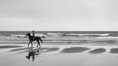 One people riding on horses almost off frame on the beach near the sea with a beautiful moody sky in black and white at Pantai Sepat, Kuantan Pahang, Malaysia.