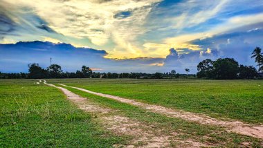 Güzel günbatımında yaz manzarası ve akşam 6.45 'te parlak beyaz ve sarı. Yeşil ve sarı çayır, çimen, günbatımı, parlak sarı ve beyaz gökyüzü ve Pantai Sepat, Kuantan Pahang, Malezya 'daki çimlerde lastik izleri.