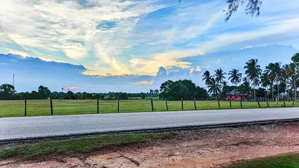 Asfalt yolun yatay görüntüsü. Pantai Sepat, Kuantan Pahang, Malezya 'da. Paralel zemin yolu ve yeşil çim tarlaları ve gün batımında küçük tahta direkli ağaçlar..