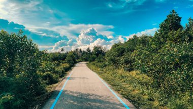 Pantai Sepat, Kuantan Pahang, Malezya. Yeşil ormanda gri bir yol ve parlak bulutlu gökyüzü ile bisiklet yolu için mavi çizgi.