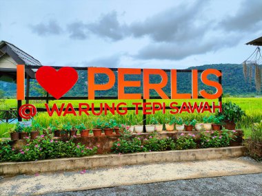 Perlis, Malezya - 21 Ocak 2024: Yeşil ve sarı çeltik, beyaz bulutlu dağ ve gökyüzü, Perlis, Malezya.