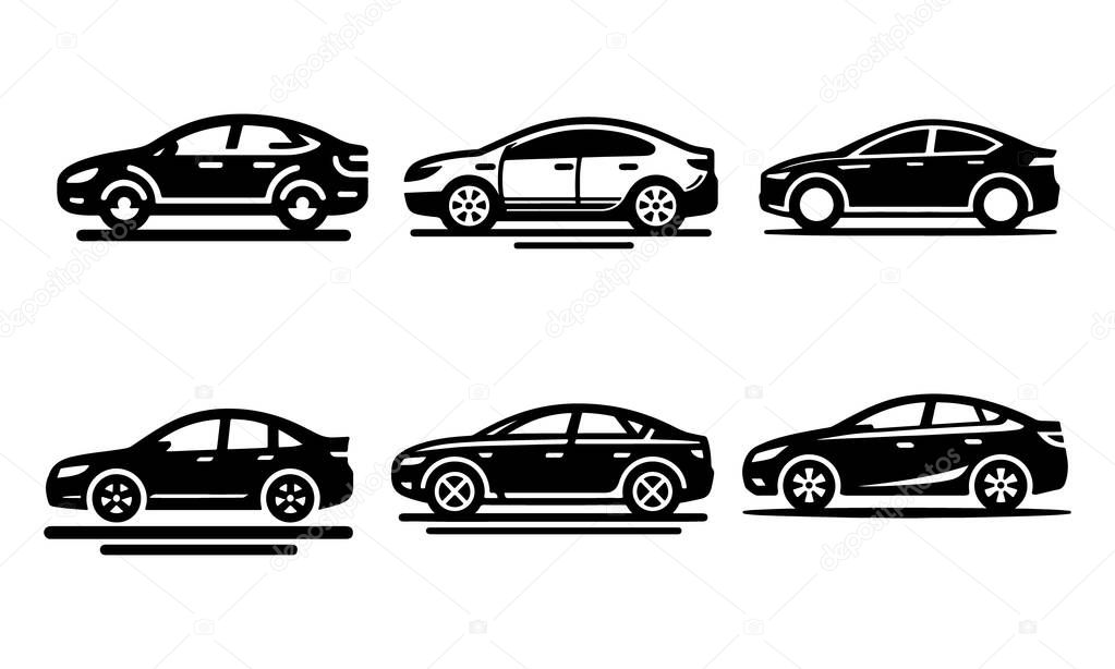 Set of Simple Black Silhouette Car Illustrations