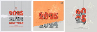 Happy new year 2025 with hanging 3D number and paper cutting on texture modern retro style design background clipart