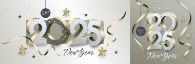 Mutlu yıllar 2025 tebrik kartı tasarımı 3 boyutlu sayı ve kurdeleli.