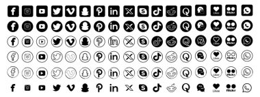 Sosyal medya simgesi setleri, instagram, youtube, facebook, twitter, snapchat, pinterest, what sap, linkedin, vimeo social media simgeleri tasarımı