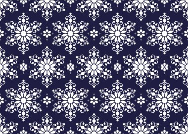 Koyu mavi arka planda beyaz sembol, etnik kumaş pürüzsüz desen, kumaş, halı, batik, duvar kağıdı, ambalaj vs..