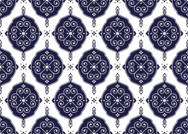 Beyaz arka planda koyu mavi geometrik ve çiçekli etnik kumaş deseni, kumaş, halı, batik, duvar kağıdı, ambalaj vb..
