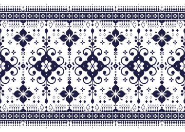 Beyaz arka planda koyu mavi geometrik ve çiçekli etnik kumaş deseni, kumaş, halı, batik, duvar kağıdı, ambalaj vb..