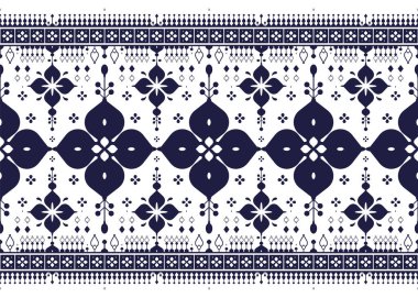 Beyaz arka planda koyu mavi geometrik ve çiçekli etnik kumaş deseni, kumaş, halı, batik, duvar kağıdı, ambalaj vb..