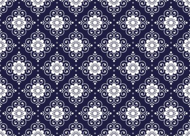 Koyu mavi arka planda beyaz sembol, etnik kumaş pürüzsüz desen, kumaş, halı, batik, duvar kağıdı, ambalaj vs..