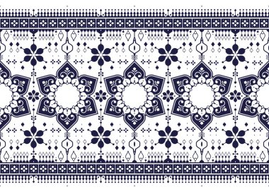 Beyaz arka planda koyu mavi geometrik ve mandalas etnik kumaş kusursuz desen, kumaş, halı, batik, duvar kağıdı, vb..