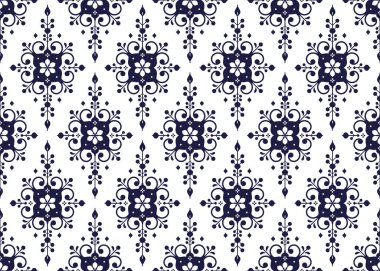 Beyaz arka planda koyu mavi Portekiz tarzı çiçek sembolü, etnik kumaş dikişsiz desen, kumaş, halı, batik, duvar kağıdı, ambalaj, vb..