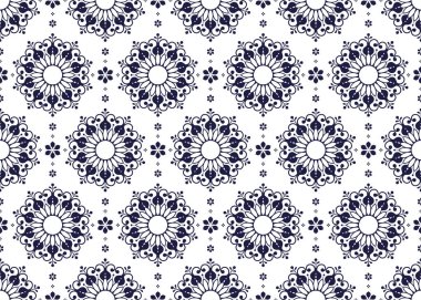 Beyaz arka planda koyu mavi Portekiz tarzı çiçek sembolü, etnik kumaş dikişsiz desen, kumaş, halı, batik, duvar kağıdı, ambalaj, vb..