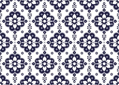 Beyaz arka planda koyu mavi Portekiz tarzı çiçek sembolü, etnik kumaş dikişsiz desen, kumaş, halı, batik, duvar kağıdı, ambalaj, vb..