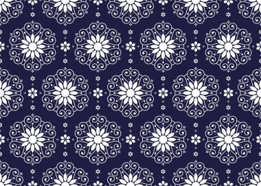 Koyu mavi arka planda beyaz mandalalar, etnik tekstil kumaşsız desen, kumaş, ambalaj, halı, batik, duvar kağıdı, vs..