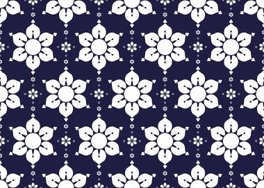 Koyu mavi arka planda kusursuz beyaz sembol, etnik kumaş dikişsiz desen, kumaş tasarımı, halı, batik, duvar kağıdı, ambalaj kağıdı vs..