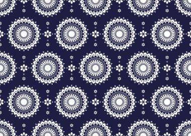 Koyu mavi arka planda beyaz mandalas etnik kumaş deseni, kumaş, halı, batik, duvar kağıdı, ambalaj vs..