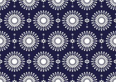 Koyu mavi arka planda beyaz mandalalar. Etnik kumaş pürüzsüz desen, kumaş, halı, batik, duvar kâğıdı, ambalaj vs..