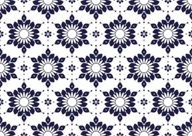 Geometrik ve çiçekli etnik kumaş deseni, beyaz arka planda koyu mavi, kumaş, halı, batik, duvar kağıdı, ambalaj, vs..