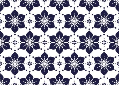 Dekoratif sembol çiçekli mavi ve beyaz renkli etnik kumaş deseni, kumaş, halı, batik, duvar kağıdı, ambalaj vesaire için tasarım.