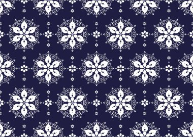 Kusursuz beyaz ve mavi renk, dekoratif çiçekli etnik kumaş deseni, kumaş, halı, batik, duvar kağıdı, ambalaj vs..