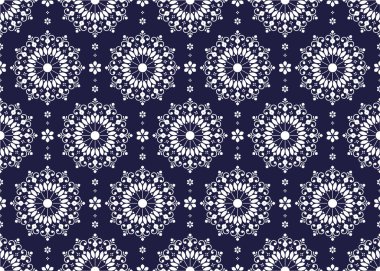 Koyu mavi arka planda beyaz mandalalar, etnik kumaş pürüzsüz desen, kumaş, halı, batik, duvar kağıdı, ambalaj vs..