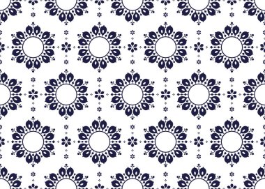Beyaz arka planda pürüzsüz koyu mavi çiçek, etnik kumaş dikişsiz desen, kumaş, halı, batik, duvar kağıdı, vb..