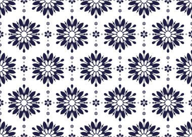 Dekoratif sembollü kusursuz mavi ve beyaz kumaş deseni, kumaş, halı, batik, duvar kağıdı, ambalaj vs..