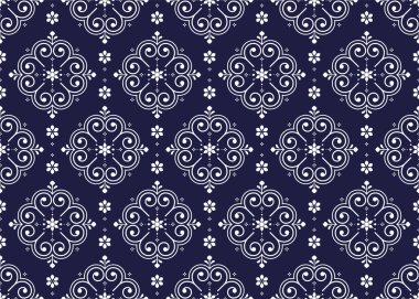 Dekoratif sembollü kusursuz mavi ve beyaz kumaş deseni, kumaş, halı, batik, duvar kağıdı, ambalaj vs..