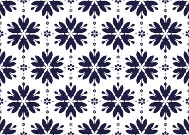 Geometrik ve çiçekli etnik kumaş deseni, beyaz arka planda koyu mavi, kumaş, halı, batik, duvar kağıdı, ambalaj, vs..