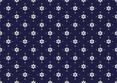 Koyu mavi arka planda beyaz çiçekli, pürüzsüz etnik kumaş deseni. Kumaş, halı, batik, duvar kağıdı, ambalaj vesaire için tasarım.