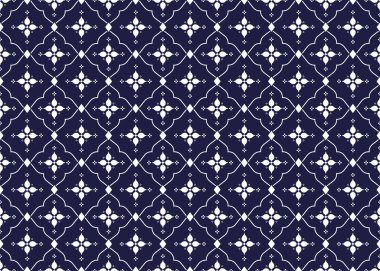Koyu mavi arka planda beyaz çiçekli, pürüzsüz etnik kumaş deseni. Kumaş, halı, batik, duvar kağıdı, ambalaj vesaire için tasarım.