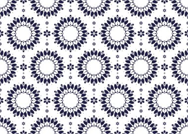 Geometrik ve çiçekli etnik kumaş deseni, beyaz arka planda koyu mavi, kumaş, halı, batik, duvar kağıdı, ambalaj, vs..