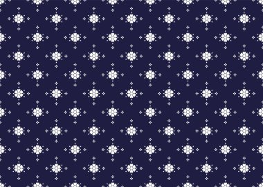 Koyu mavi arka planda beyaz çiçekli, pürüzsüz etnik kumaş deseni. Kumaş, halı, batik, duvar kağıdı, ambalaj vesaire için tasarım.