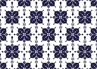 Beyaz arka planda kusursuz koyu mavi çiçek açan, etnik kumaş dikişsiz desen, kumaş, halı, batik, duvar kâğıdı, ambalaj, vs..