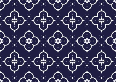 Koyu mavi arka planda kusursuz beyaz çiçek açan, Portekiz tarzı, kumaş, halı, batik, duvar kâğıdı, ambalaj, vs..