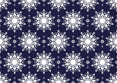 Koyu mavi arka planda pürüzsüz beyaz mandalalar, etnik kumaş deseni, Portekiz tarzı, kumaş, halı, batik, duvar kağıdı, ambalaj, vb..