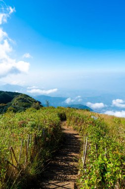 Tayland, Chiang Mai 'deki Kew Mae Pan Doğa Yolu' nda bulutlu ve mavi gökyüzü olan güzel bir dağ tabakası.