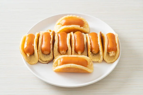 Homemade Flat Pancake Roll Sausage — Stock Photo, Image