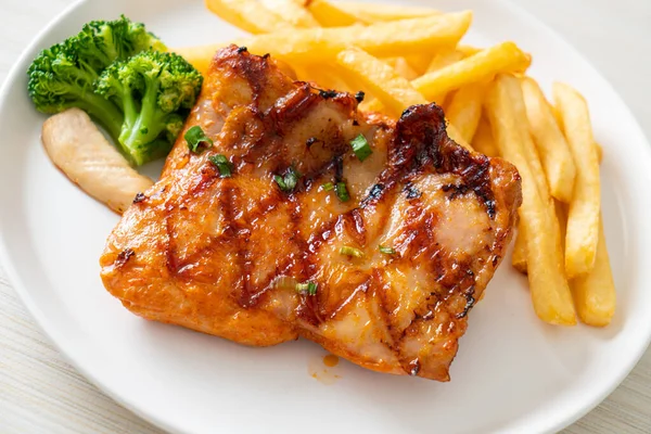 Grilled Chicken Steak Potato Chips French Fries White Plate — Stockfoto