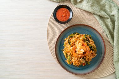 Stir-fried instant noodles sukiyaki with shrimps - Asian food style