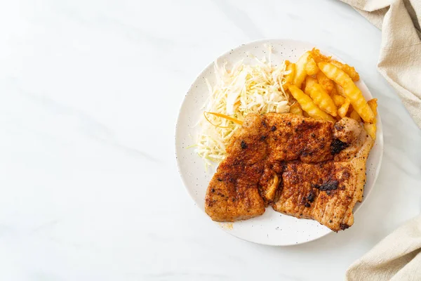 stock image grilled spicy barbecue kurobuta pork steak with french fries