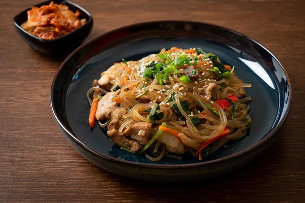 Japchae Stir Fried Korean Vermicelli Noodles Vegetables Pork Topped White — Stock Photo, Image